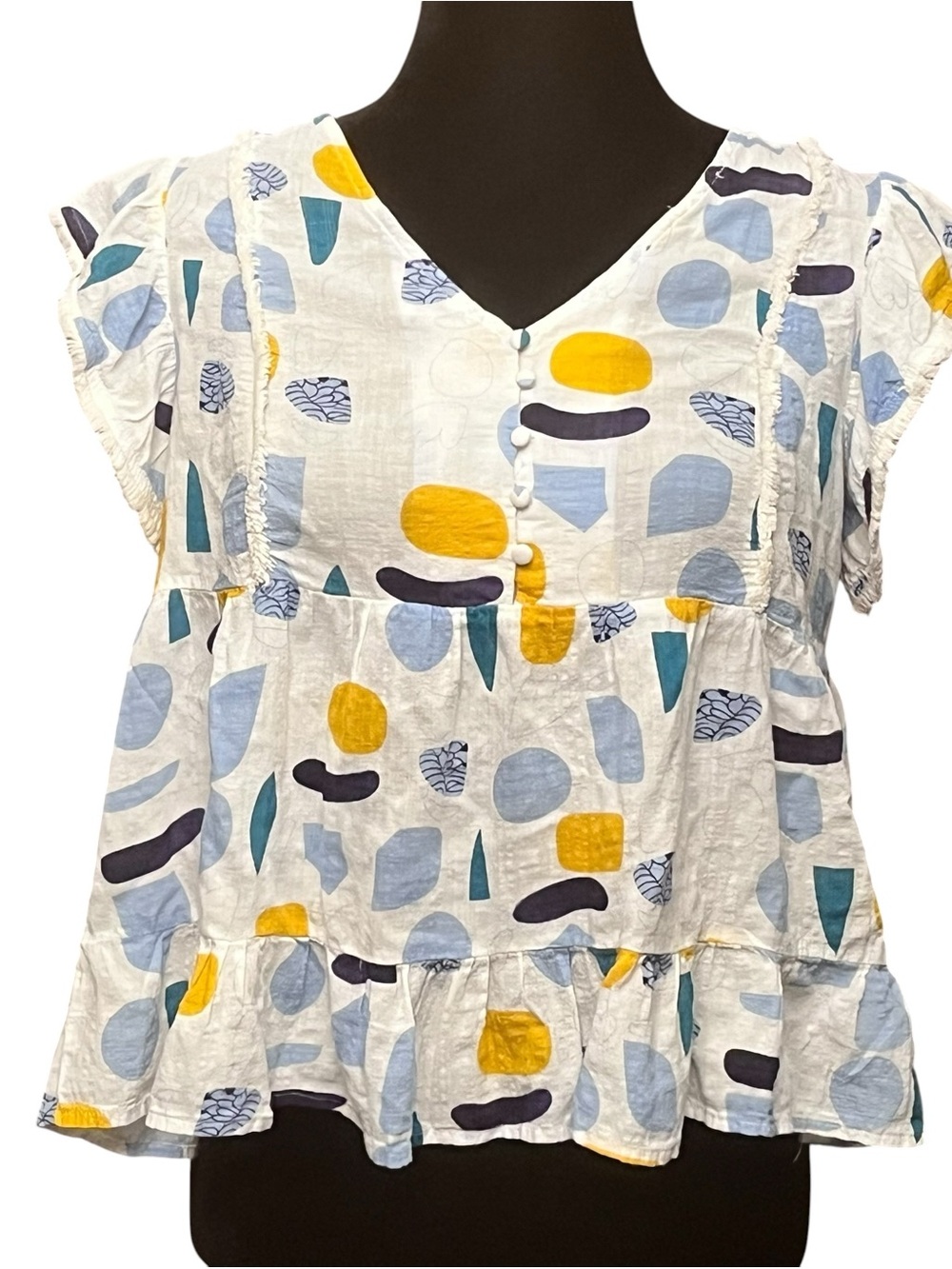 THML White Tiered V-Neck Retro Blouse with Flutter Sleeve